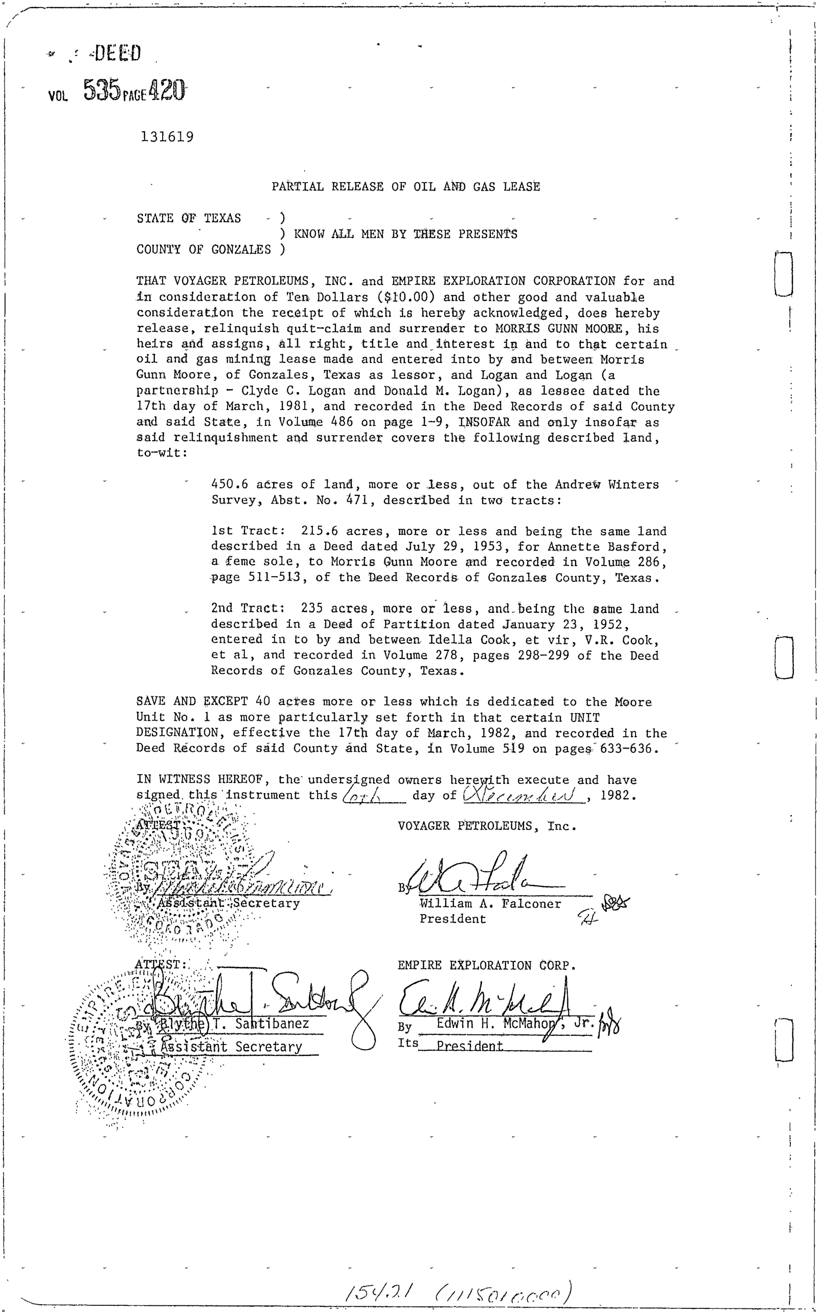 Voyager Petroleums Inc. - Recorded Release Oil Lease (Vol. 535, Page 420)
