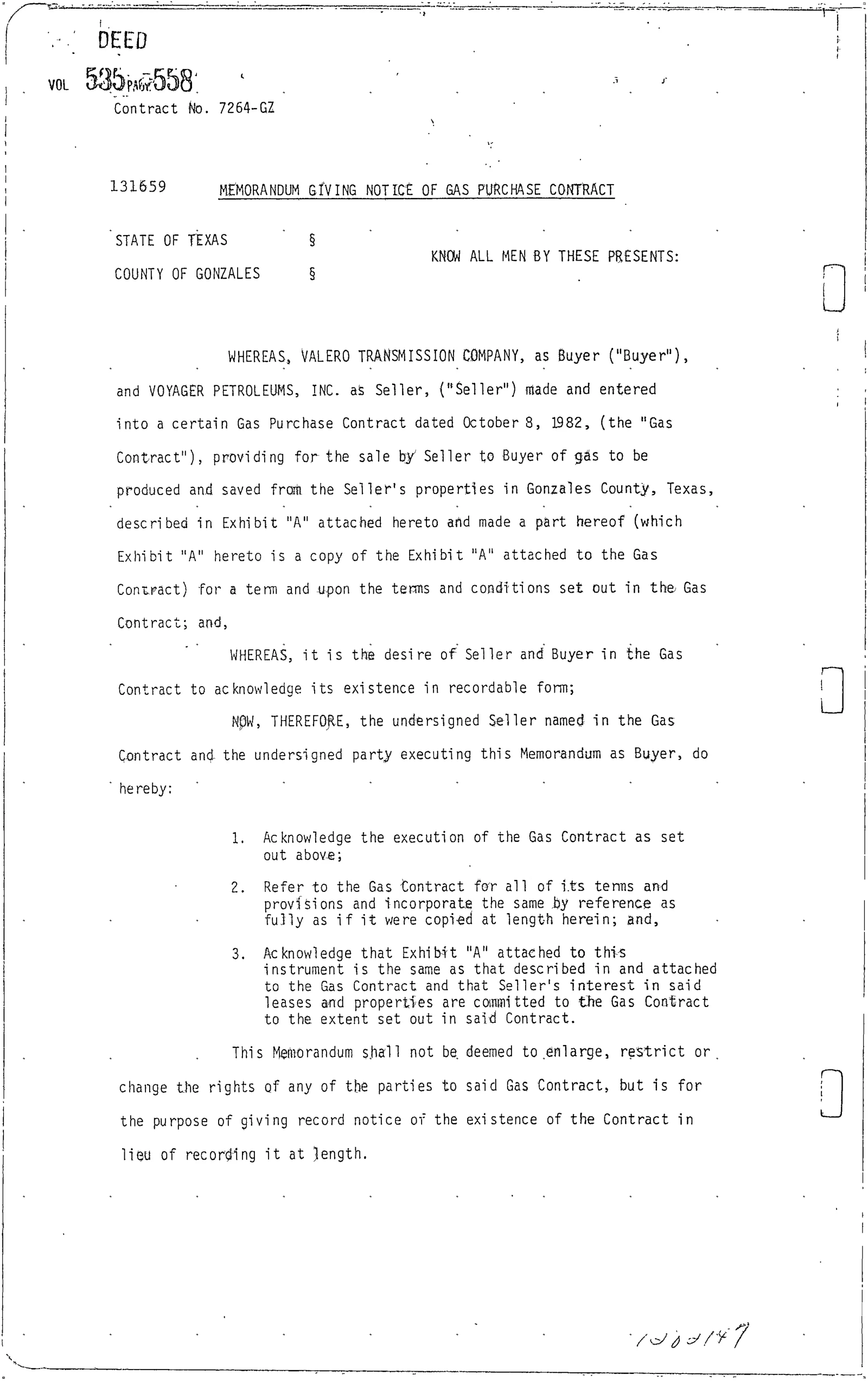 Voyager Petroleums Inc. - Recorded Memorandum (Vol. 535, Page 558)